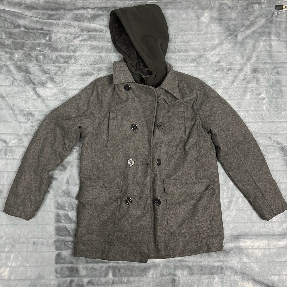 Urban Republic Boys Charcoal Grey Wool Blend Hooded Pea Coat Jacket Size L 14/16